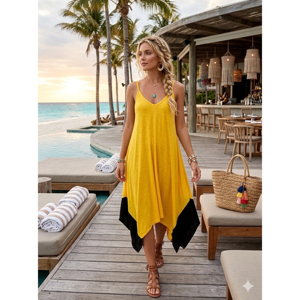 NEW Canari Boho V-Neck Midi Dress Yellow Black 1XL